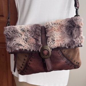 Pikolinos Vegetable Tanned Leather, Suede, Fur Crossbody 10" x 7" x .5" Like New